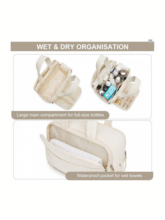 Miss Lulu Travel Quilted Toiletry Bag – Water-resistant Wet Dry Pocket Large 180° Opening Easy Access Beige
