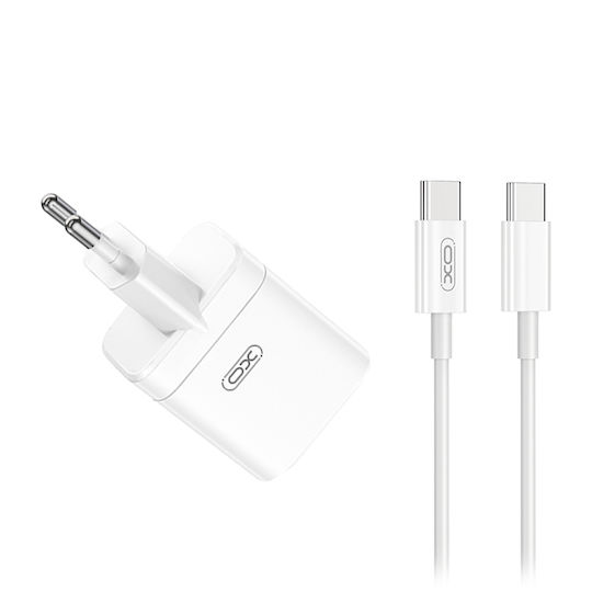XO GaN с USB-A порт и USB-C порт и кабел USB-C - USB-C 45W Power Delivery / Quick Charge 3.0 Бял (CE36)