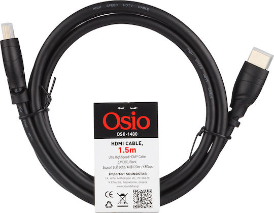 Osio HDMI 2.1 Ultra High Speed 48Gbps 4K 120Hz HDR VRR Cable HDMI Male - HDMI Male 1.5m Black