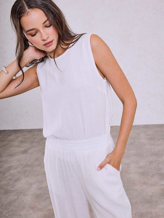 Celestino Set Women's Blouse Palazzo Pants Linen Loose Fit White
