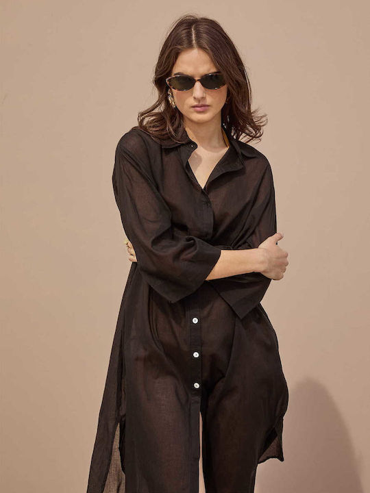 Celestino Kaftan Cămașă Monocromă Loose Fit Negru Pentru Femei