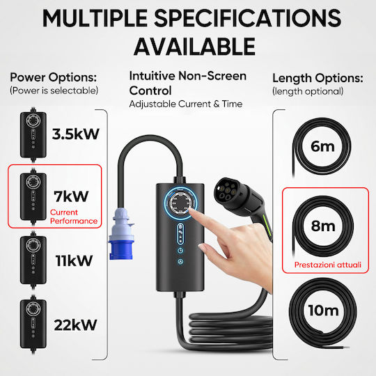 Junsun Преносим Еднофазен Зарядно Устройство 7kW с Вграден Кабел 8m Тип 2