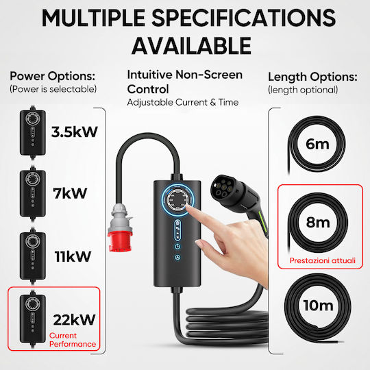 Junsun Φορητός Τριφασικός Φορτιστής 22kW με Ενσωματωμένο Καλώδιο 8m Type 2