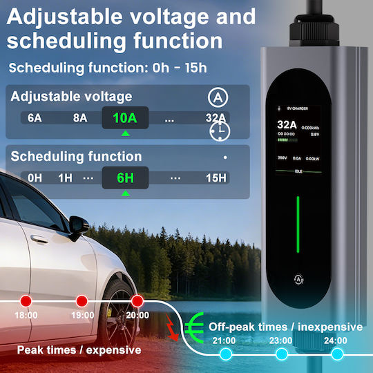 Junsun Преносим Трифазен Зарядно Устройство 22kW с Вграден Кабел 6м Тип 2