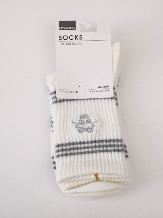Women's Embroidered Striped Socks Mid-Calf Black