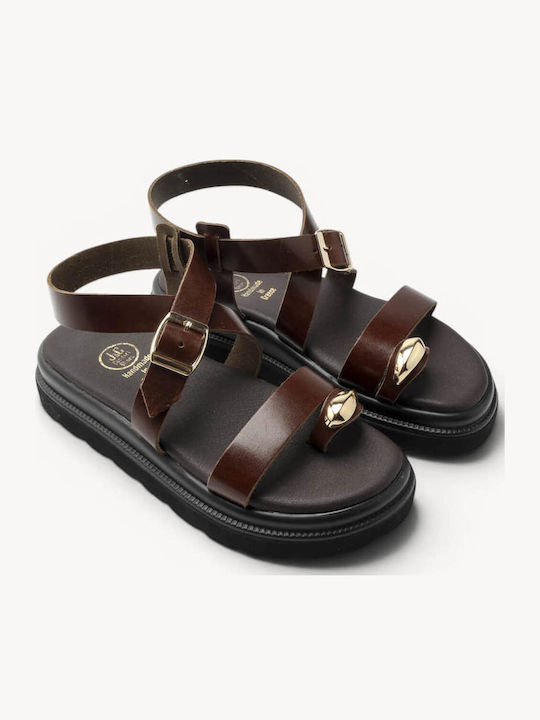 Brown Leather Flatform Sandals Toe Ring Detail