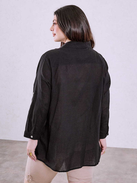 Celestino Γυναικεία Πουκαμίσα Βαμβακερή Πιέτες Loose Fit Μαύρο