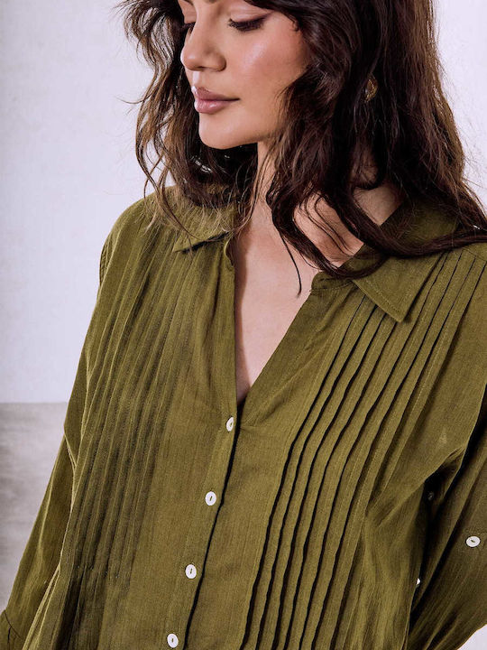 Celestino Women's Shirt Cotton Pleats Loose Fit Khaki