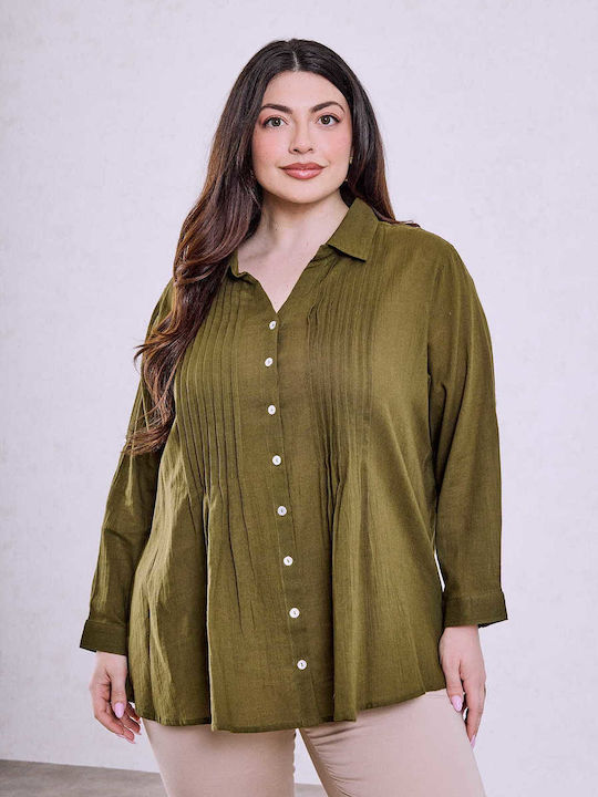 Celestino Women's Shirt Cotton Pleats Loose Fit Khaki