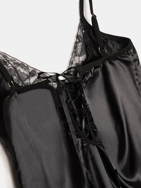 Cămașă De Noapte Maxi Din Satin Dantelată Neagră Mărime One Size Neagră