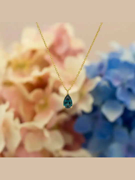 Halskette mit Träne-Design aus 9K Gold mit Blau Zirkon