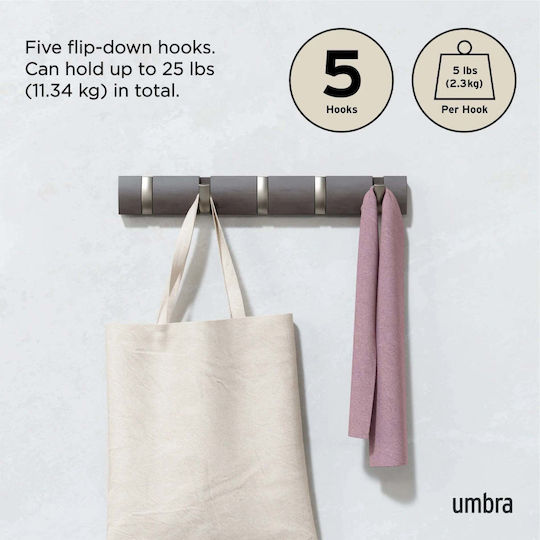 Umbra Cremastă de Perete Flip din Lemn cu 5 Compartimente Argintii 51x3x6cm