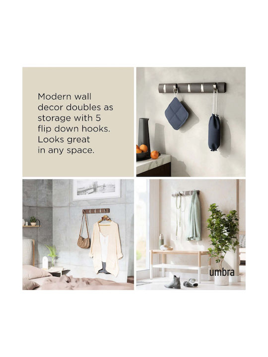 Umbra Wall Hanger Flip Wooden 5 Hooks Silver 51x3x6cm