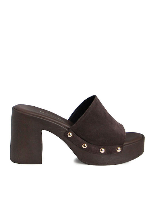 Leather Mules With High Heel In Brown Colour