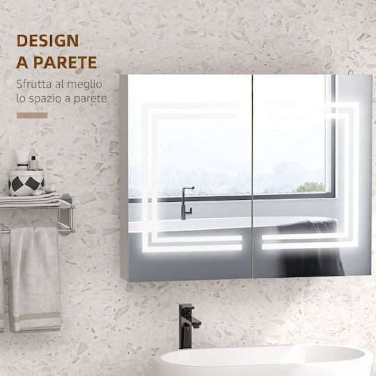 Kleankin Огледало за баня LED Touch от MDF с полица и шкаф 80x65cm Бял