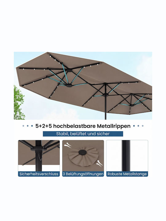 Umbrelă Profesională de Pardoseală Rotundă Metalică Maro cu Bază de Susținere și Iluminare LED Φ4.05m NP13436DE-CF