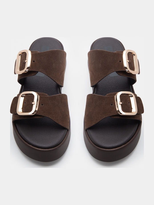 Leather Women's Flat Sandals Flatforms Brown