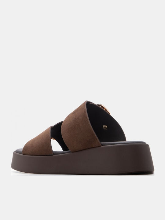 Leather Women's Flat Sandals Flatforms Brown