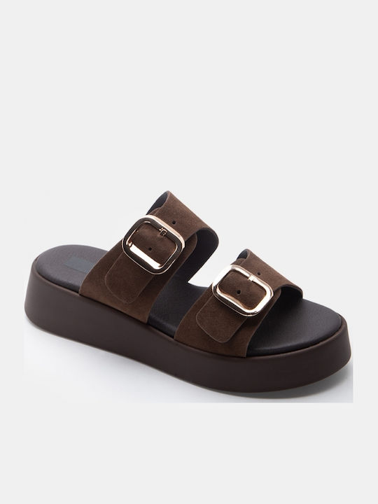 Leather Women's Flat Sandals Flatforms Brown