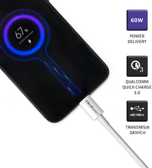 Qoltec USB 2.0 Cable USB-C male - USB-C 60W PD Λευκό 1m 52359