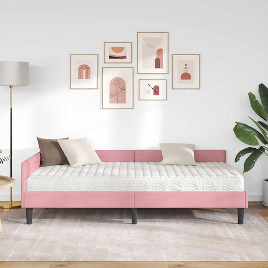 Pat Single Tapițat cu Catifea Roz cu Plăci și Saltea 90x200cm