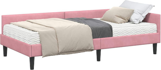 Pat Single Tapițat cu Catifea Roz cu Plăci și Saltea 90x200cm