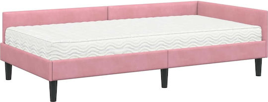 Pat Single Tapițat cu Catifea Roz cu Plăci și Saltea 90x200cm