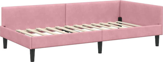 Pat Single Tapițat cu Catifea Roz cu Plăci și Saltea 90x200cm