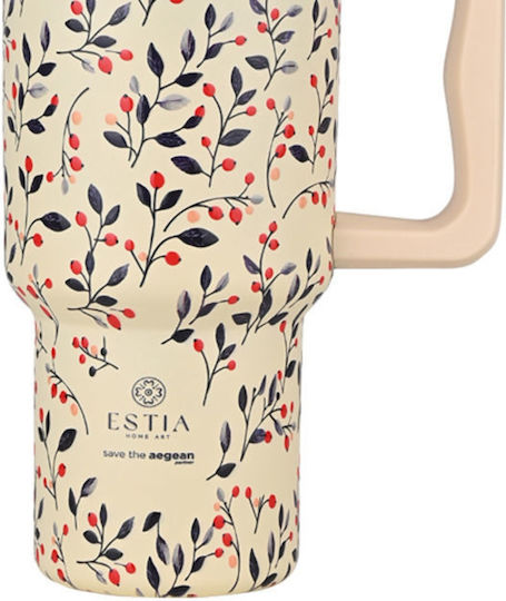 Estia Straw Tumbler XL Save the Aegean Recyclable Handled Tumbler Thermos Stainless Steel BPA Free 900ml Bloom Beige with Straw and Handle