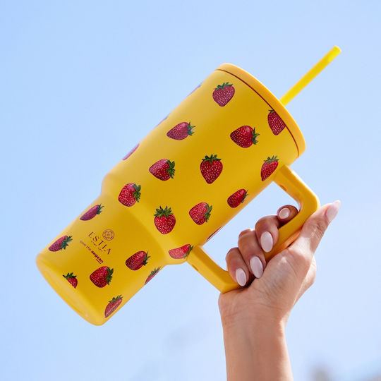 Estia Straw Tumbler XL Save the Aegean Recyclable Handled Tumbler Thermos Stainless Steel BPA Free 900ml Berry Bright with Straw and Handle