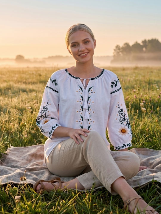Bluza Damă Bumbac Mânecă Lungă Alb/Portocaliu