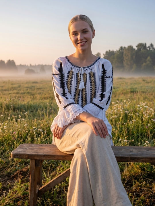 Bluza Damă Bumbac Mânecă Lungă Alb/Portocaliu