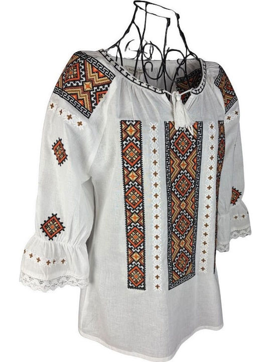 Bluza Damă Bumbac Mânecă Lungă Alb/Portocaliu