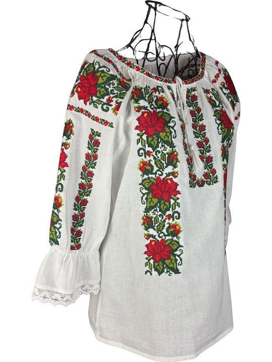 Bluza Damă Bumbac Mânecă Lungă Alb/Portocaliu