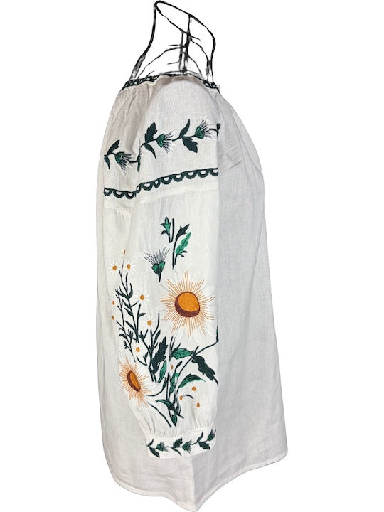 Bluza Damă Bumbac Mânecă Lungă Alb/Portocaliu