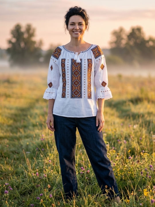 Bluza Damă Bumbac Mânecă Lungă Alb/Portocaliu