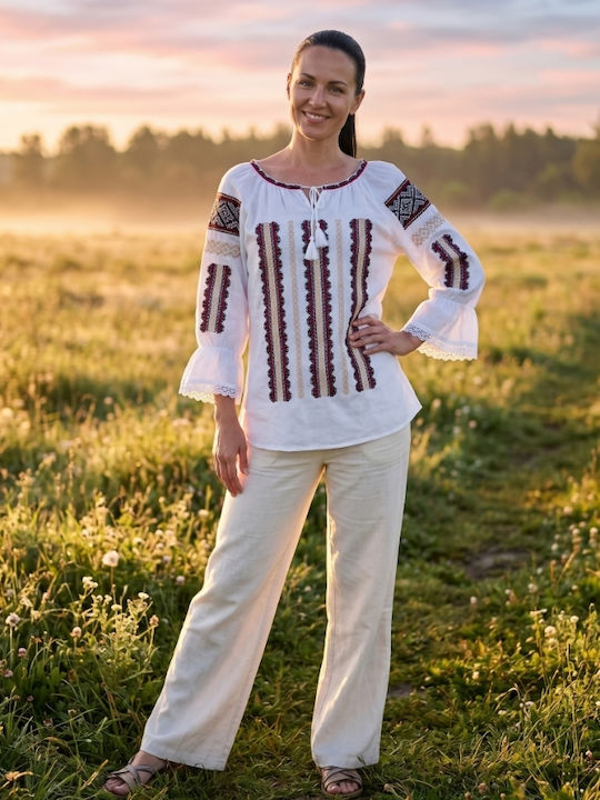 Bluza Damă Bumbac Mânecă Lungă Alb/Portocaliu