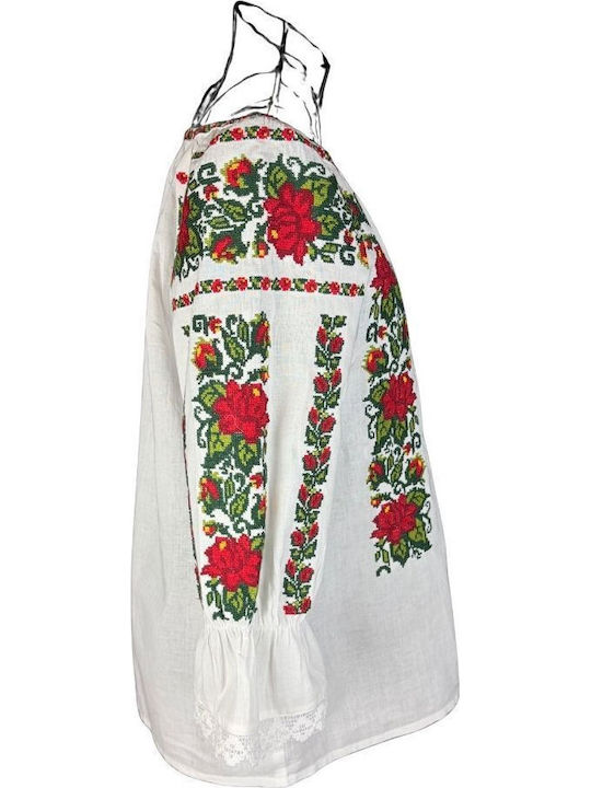 Bluza Damă Bumbac Mânecă Lungă Alb/Portocaliu