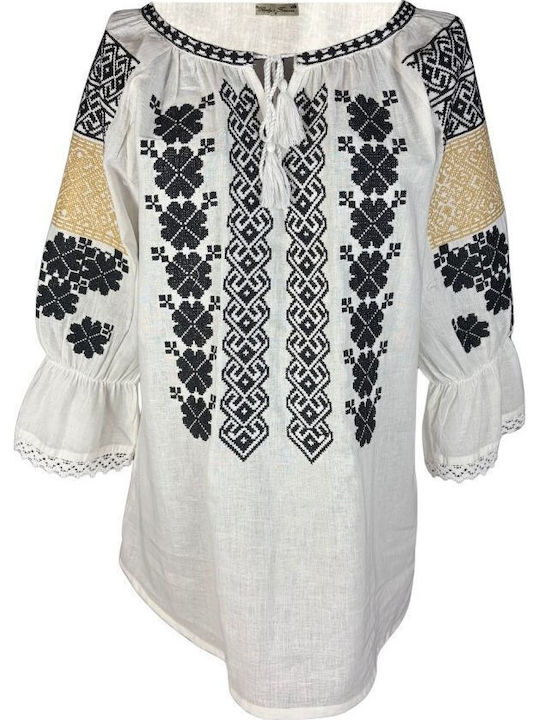 Bluza Damă Bumbac Mânecă Lungă Alb/Portocaliu