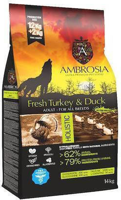 Ambrosia Fresh Turkey & Duck Adult All Breeds 2kg Hrană Uscată Dietetic, fără Cereale pentru Câini Adulţi Sterilizaţi cu Curcan și Rață