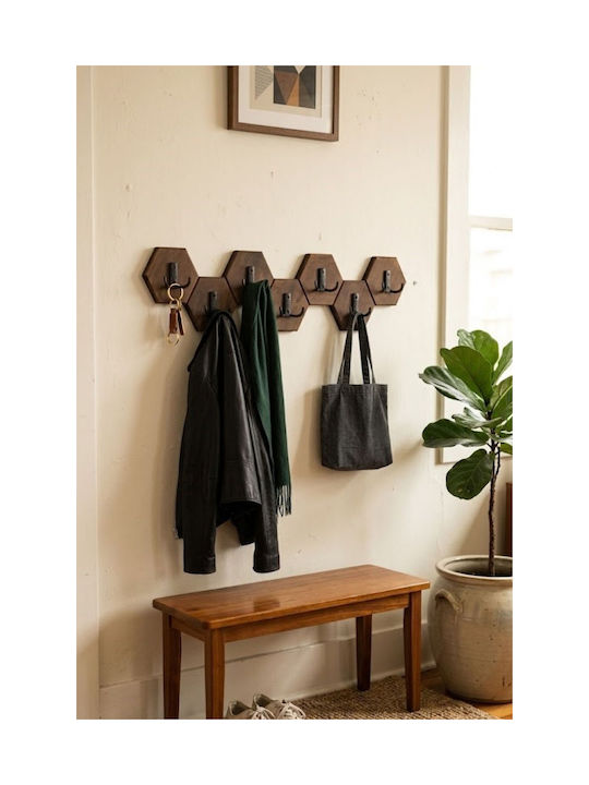 SteweHome Wooden Wall Hanger 14 Hooks Brown 76x18x18cm