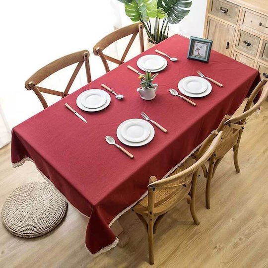 FRIPIA Linen Tablecloth With Burgundy Lace 140x250cm