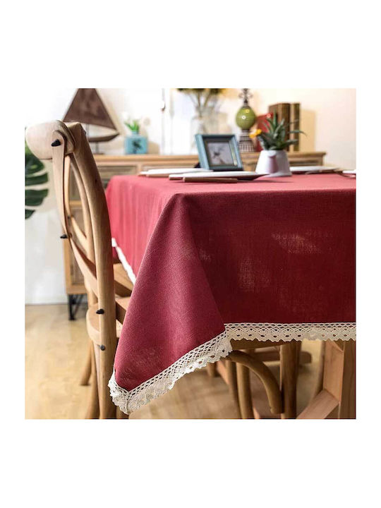 FRIPIA Față De Masă Din In Cu Dantelă Burgundy 140x250cm