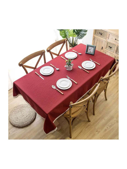 FRIPIA Linen Tablecloth With Burgundy Lace 140x220cm