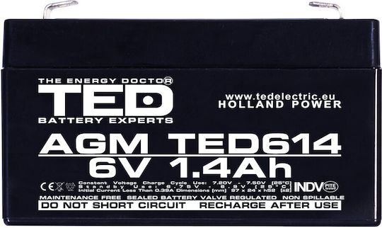 Baterie Ted Electric Ted002839 6v Staționară Vrla Dimensiuni 97 X 24 X 52 Mm 6v 1.4ah F1 Baterie