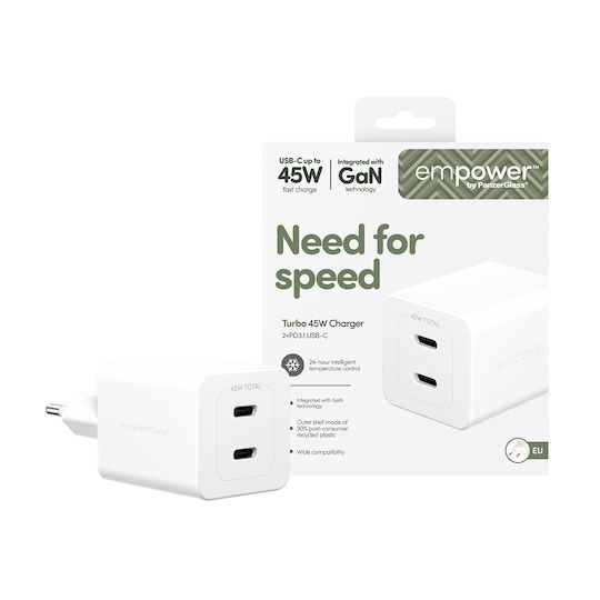 Empower by PanzerGlass Φορτιστής Χωρίς Καλώδιο GaN με 2 Θύρες USB-C 45W Power Delivery Ασημί (EM58685)