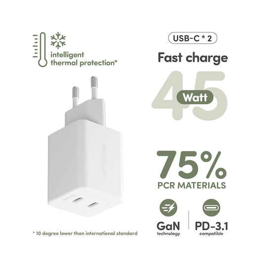 Empower by PanzerGlass Φορτιστής Χωρίς Καλώδιο GaN με 2 Θύρες USB-C 45W Power Delivery Ασημί (EM58685)