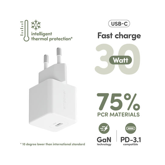 Empower by PanzerGlass Ladegerät ohne Kabel GaN mit USB-C Anschluss 30W Stromlieferung Weißs (EM52411)