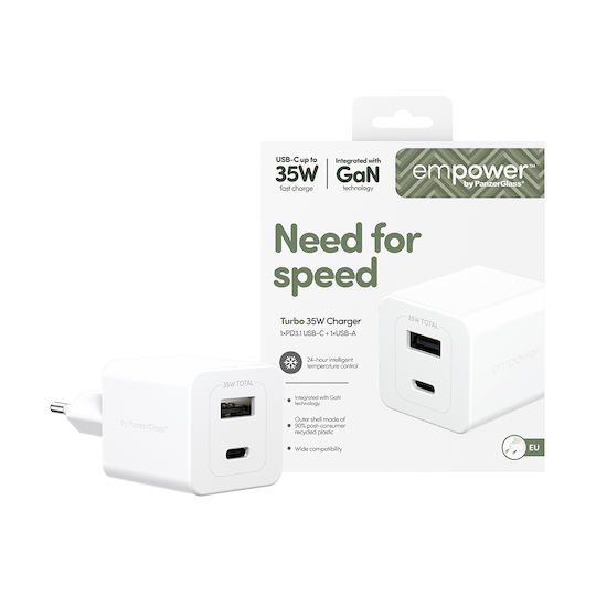 Empower by PanzerGlass Empower by PanzerGlass Handyladegerät Ohne Kabel GaN mit USB-A Ausgangsanschluss und USB-C Ausgangsanschluss 35W Stromlieferung Silber Weiß