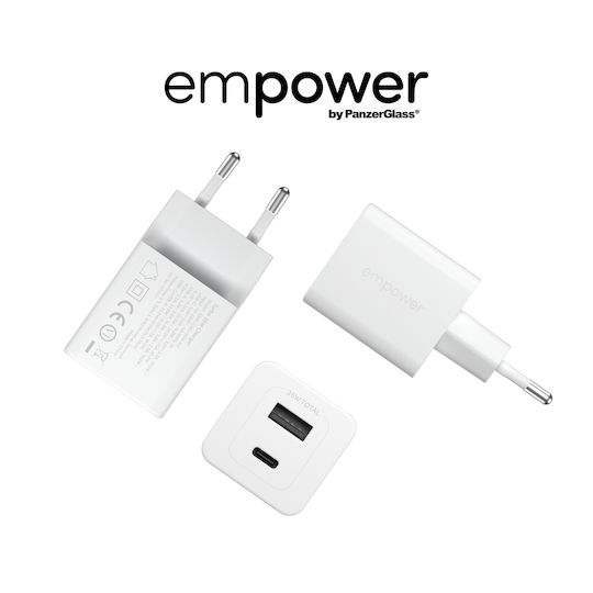 Empower by PanzerGlass Empower by PanzerGlass Handyladegerät Ohne Kabel GaN mit USB-A Ausgangsanschluss und USB-C Ausgangsanschluss 35W Stromlieferung Silber Weiß